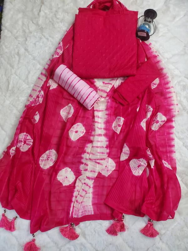 Premium Cotton Shibori Print Boutique Three-Piece Set – Vibrant Magenta & White