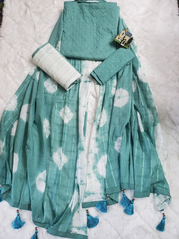 Premium Chickenkari Batik Unstitched 3-Piece Dress with 5-Haat Namazi DupattaSea Green & White