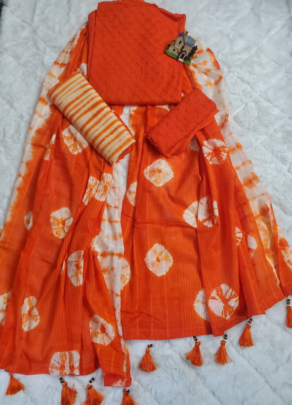Premium Cotton Shibori Print Boutique Three-Piece Set – Vibrant Orange & White