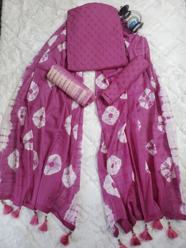 Premium Chickenkari Batik Unstitched 3-Piece Dress with 5-Haat Namazi Dupatta – Elegant Purple & White