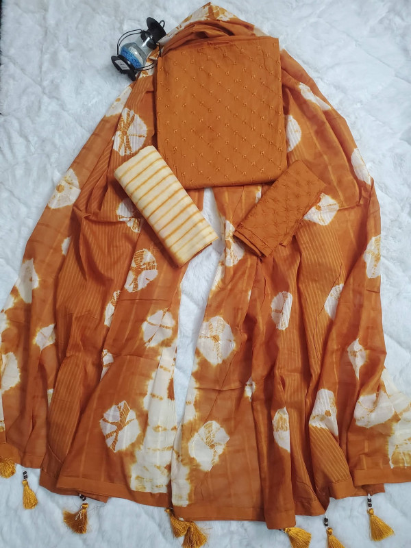 Premium Cotton Shibori Print Boutique Three-Piece Set – Rustic Brown & White