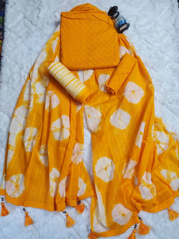 Premium Cotton Shibori Print Boutique Three-Piece Set – Vibrant Yellow & White