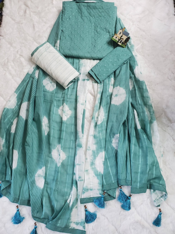 Premium Cotton Shibori Print Boutique Three-Piece Set – Sea Green & White